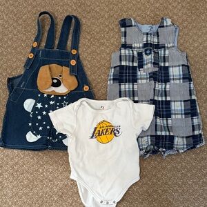 Los Angeles Lakers White Baby Bodysuit with Navy Overalls & Plaid Romper Set
